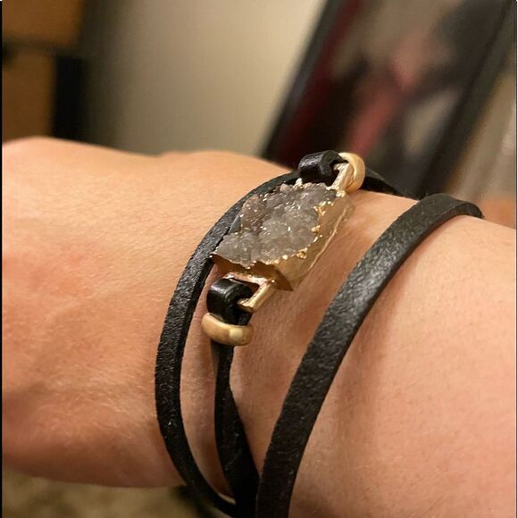 Boho stacked leather magnetic smoky druzy quartz mixed media bracelet nwt - Picture 3 of 15